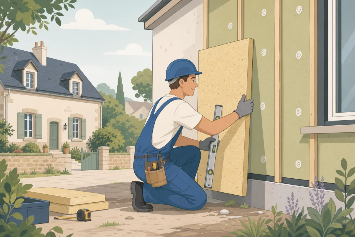 Artisan posant un panneau isolant en ITE