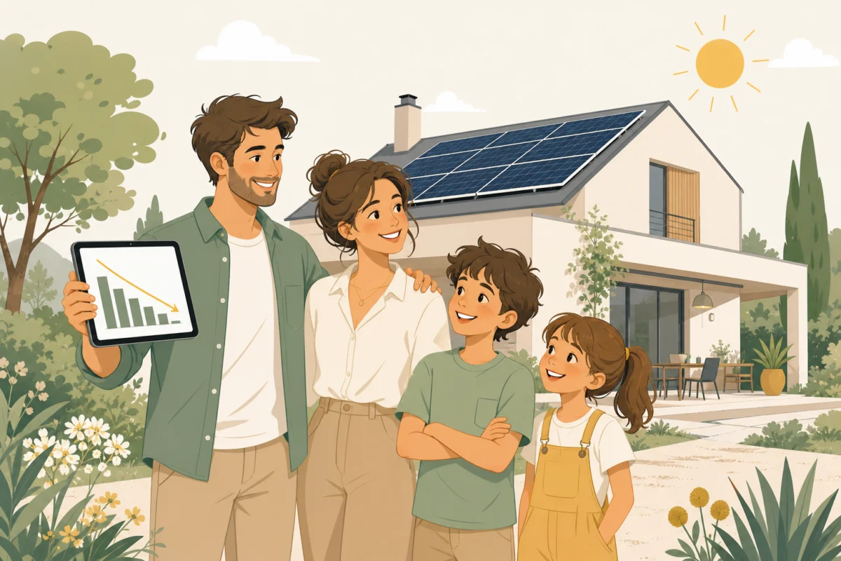 Famille profitant des économies d'énergie grâce au solaire