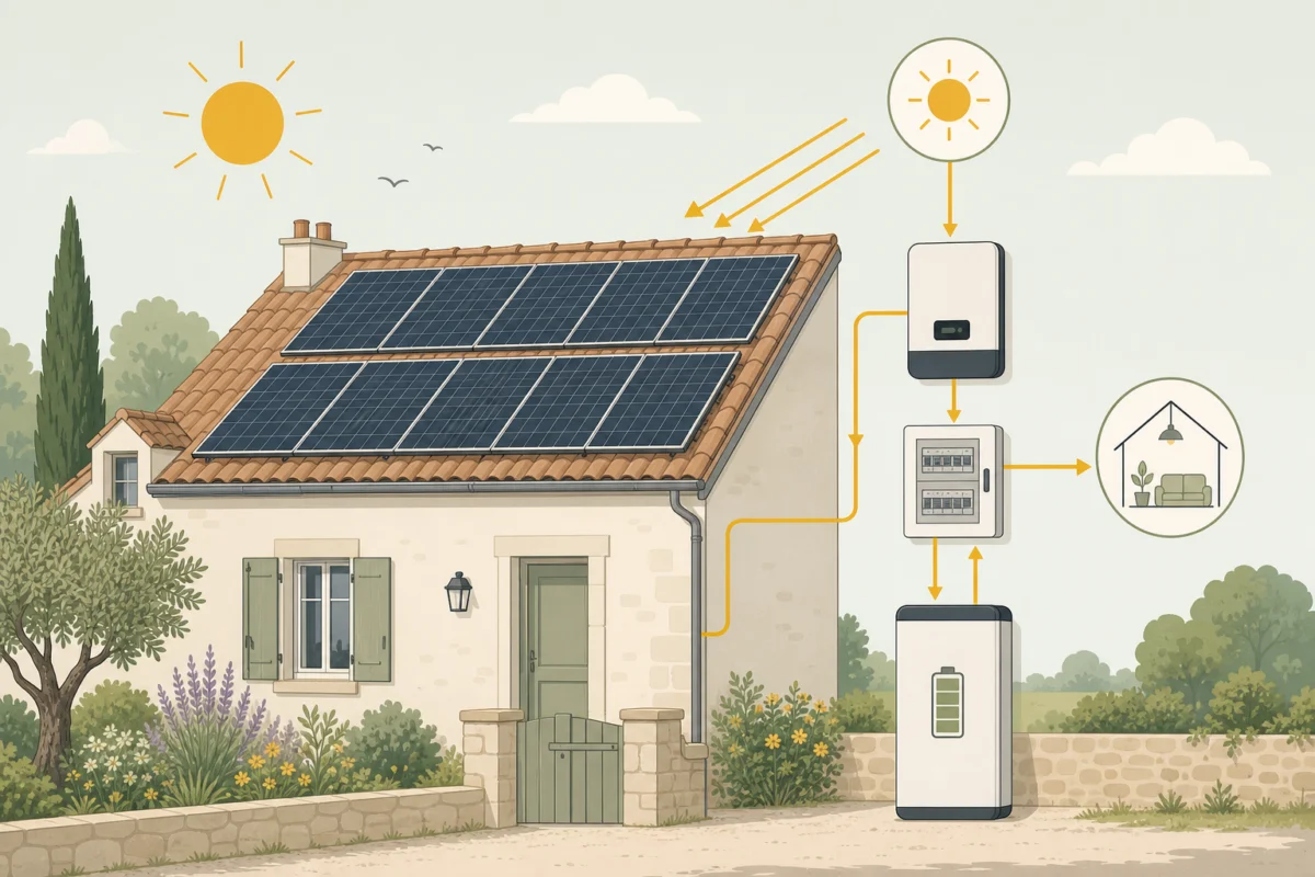 Schéma complet d'une installation photovoltaïque avec onduleur et batterie