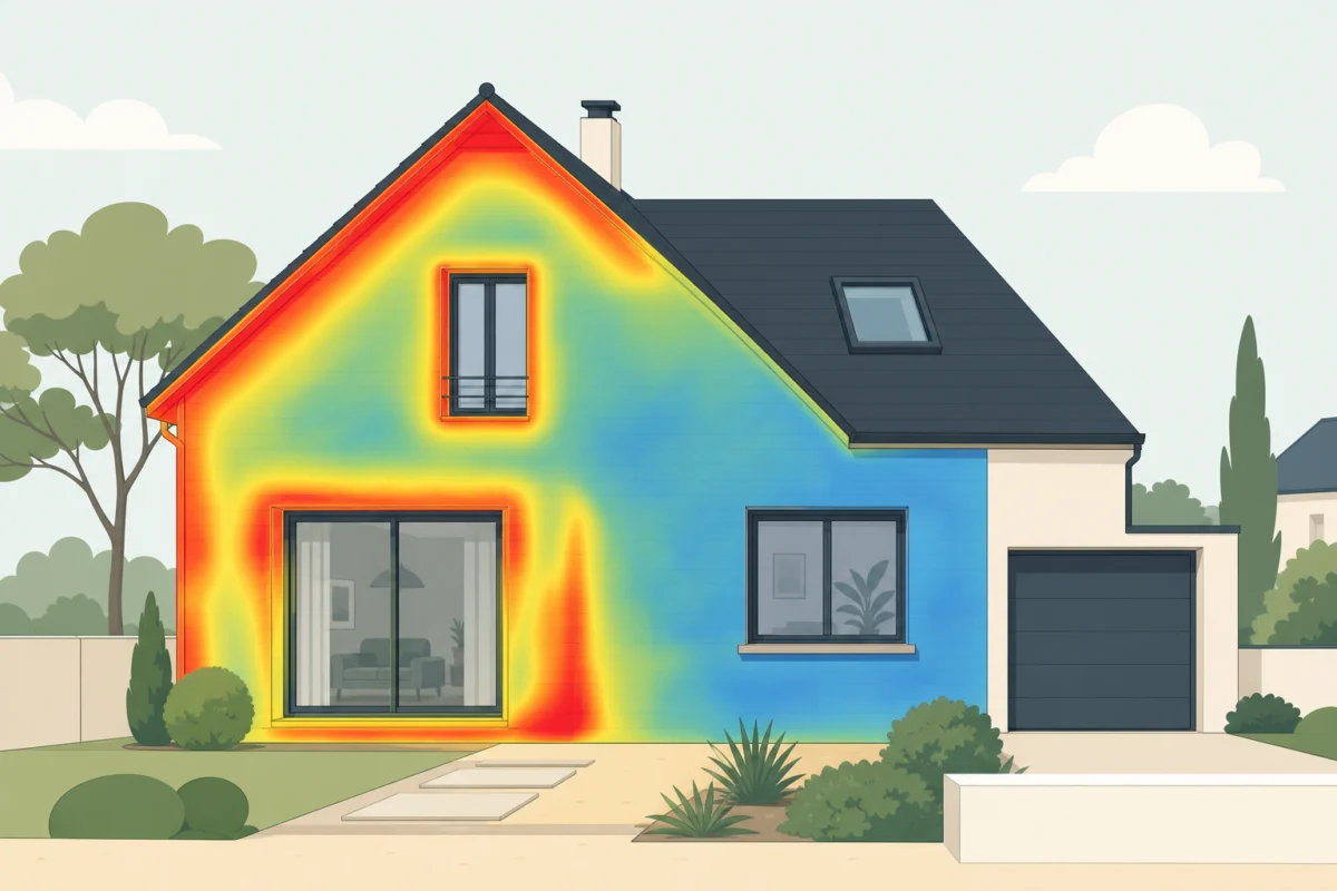 Thermographie d'une maison montrant les déperditions de chaleur